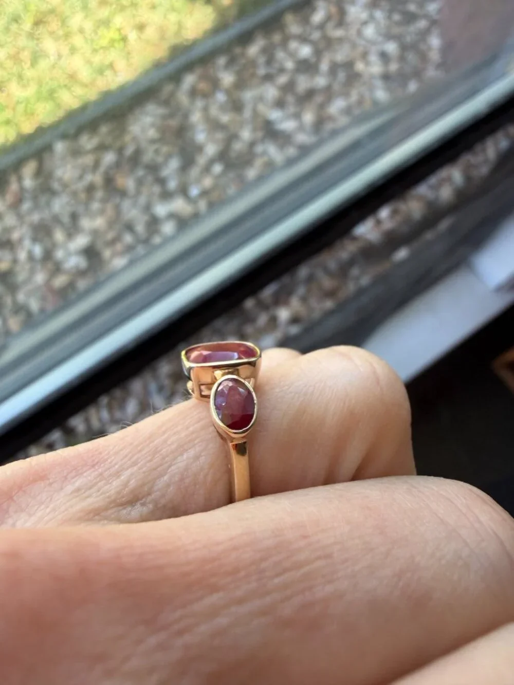 NIB 3.30 ct. Ruby Three-Stone Ring in 18kt Gold Over Sterling - 5 - 5.25